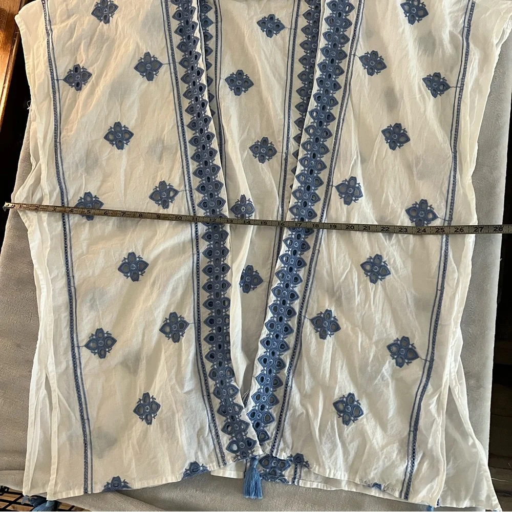 Womens cover up‎ wrap open embroidered eyelet tunic white blue XXL tassel beach